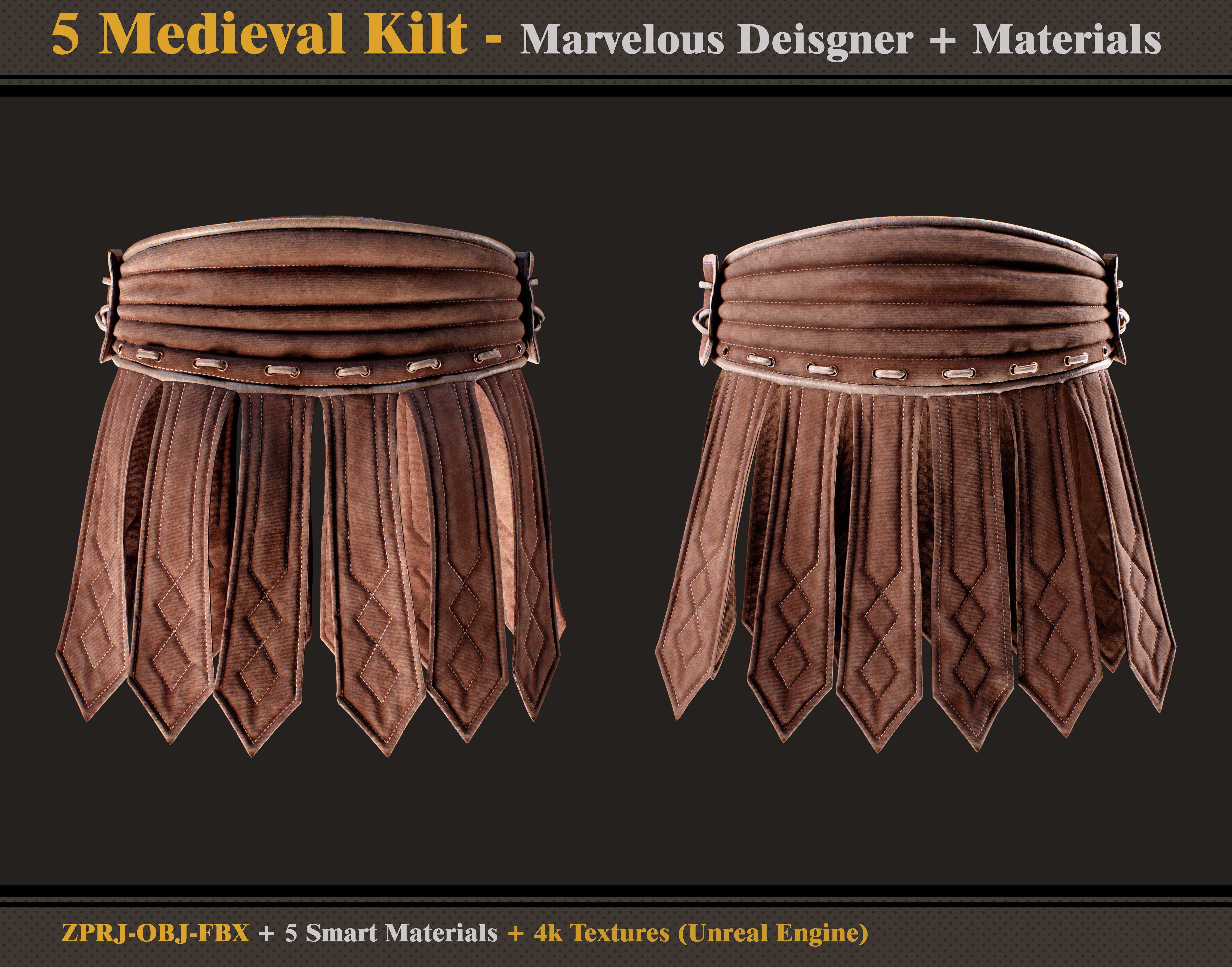 5 Medieval Kilts - OBJ - FBX - Smart Materials - 4K Textures 3D model_2