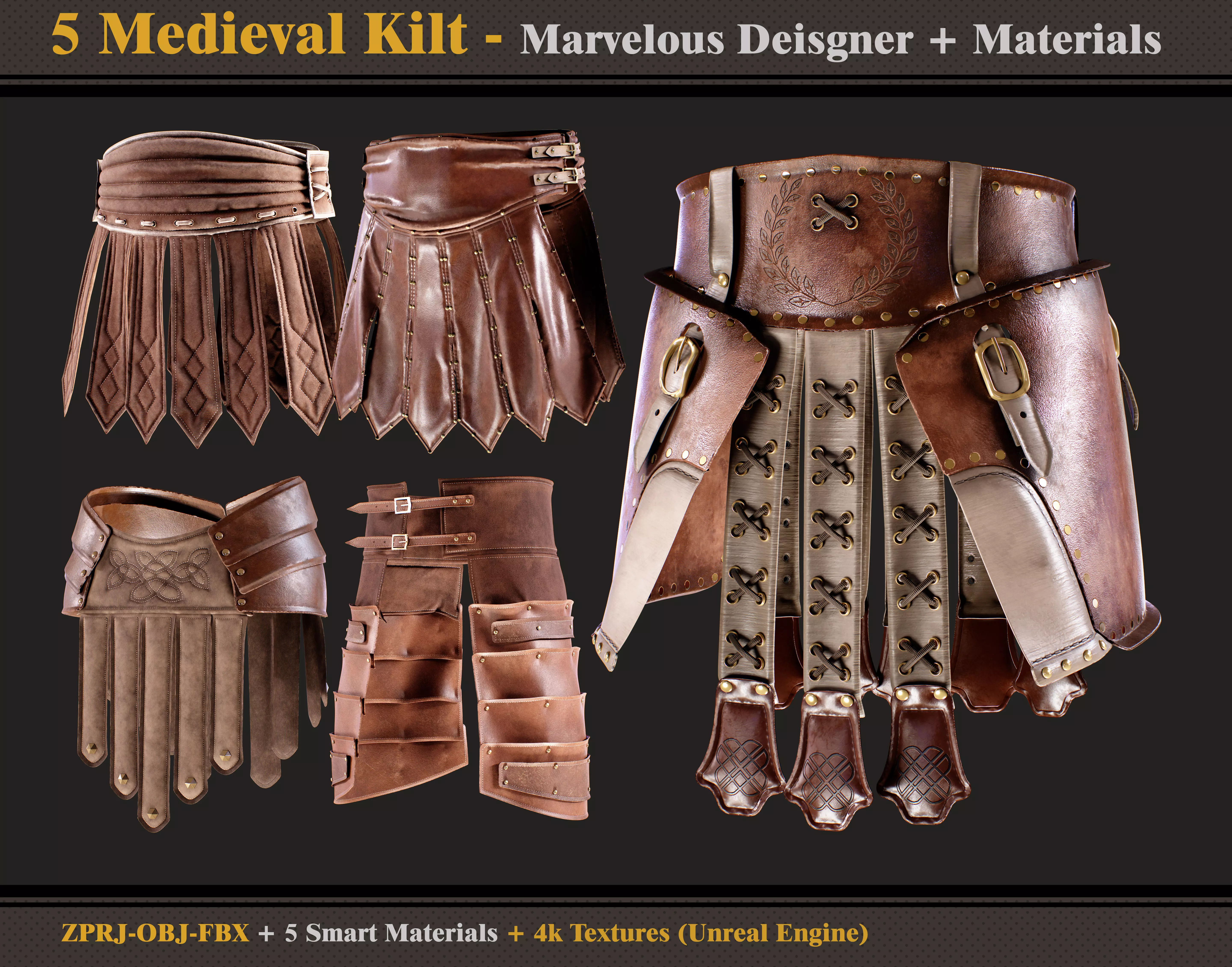 5 Medieval Kilts - OBJ - FBX - Smart Materials - 4K Textures 3D model_0