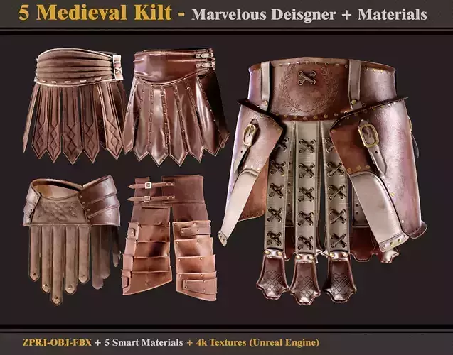 5 Medieval Kilts - OBJ - FBX - Smart Materials - 4K Textures