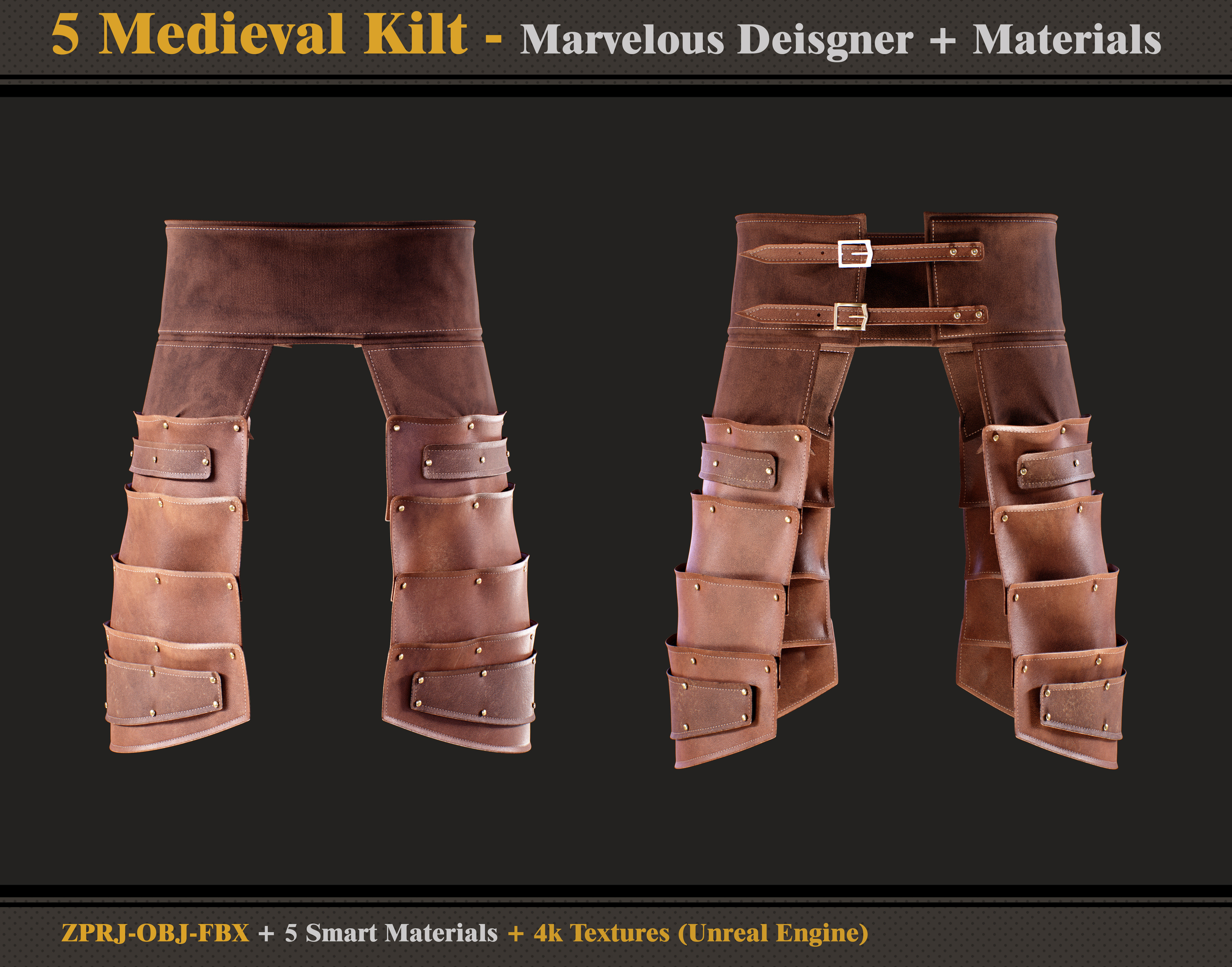5 Medieval Kilts - OBJ - FBX - Smart Materials - 4K Textures 3D model_3