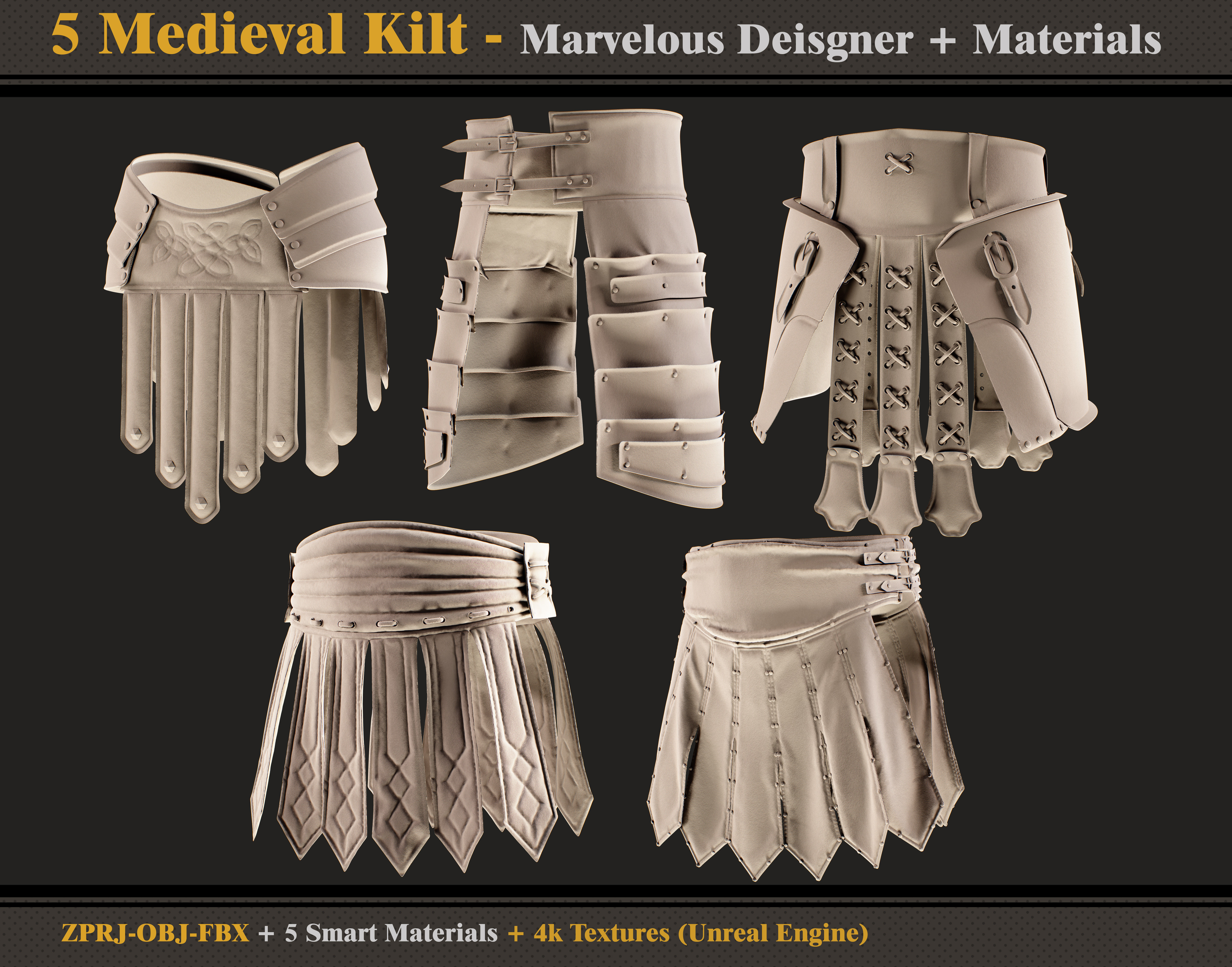5 Medieval Kilts - OBJ - FBX - Smart Materials - 4K Textures 3D model_6
