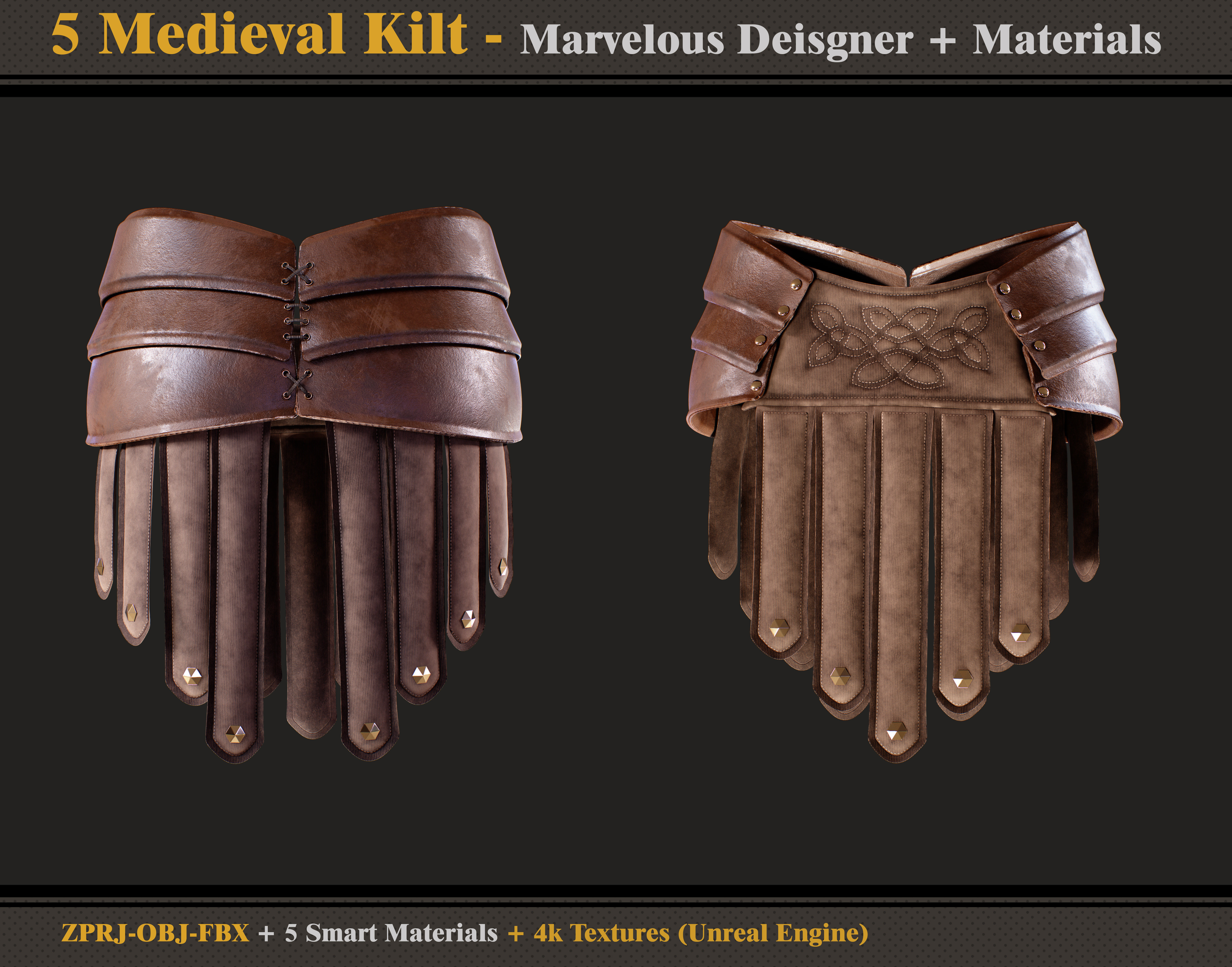 5 Medieval Kilts - OBJ - FBX - Smart Materials - 4K Textures 3D model_4