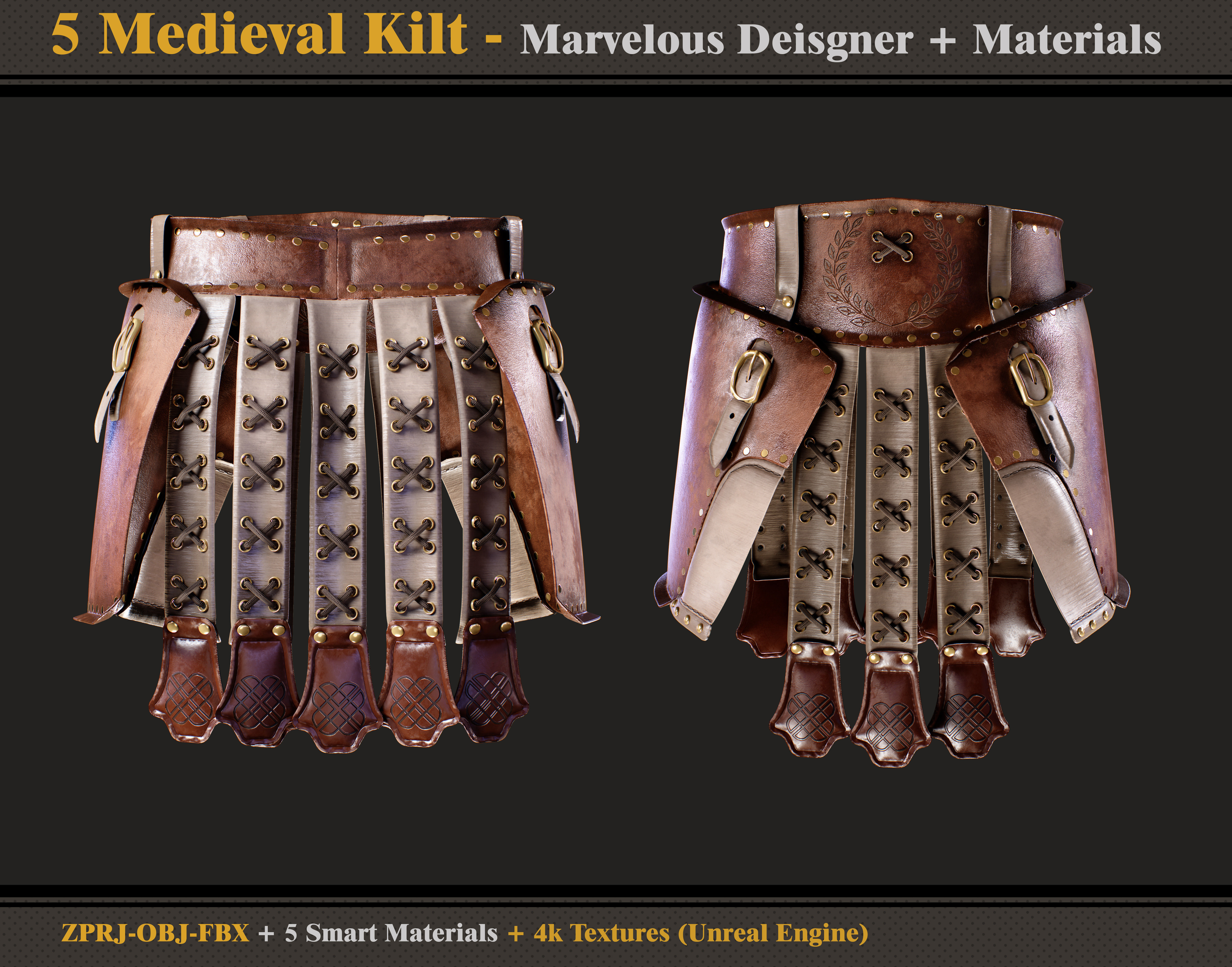 5 Medieval Kilts - OBJ - FBX - Smart Materials - 4K Textures 3D model_1