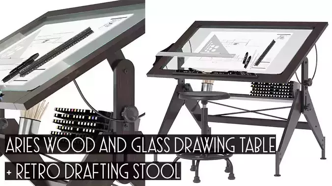 Aries Wood and Glass Drawing Table Retro Drafting Stool
