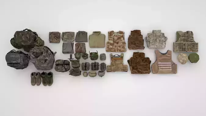 Military collection uniform backpacks pouches body armour 3D model