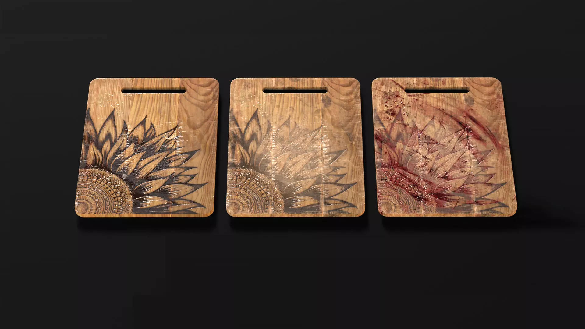 Burned cutting board 3 pieces set Low-poly 3D model_0