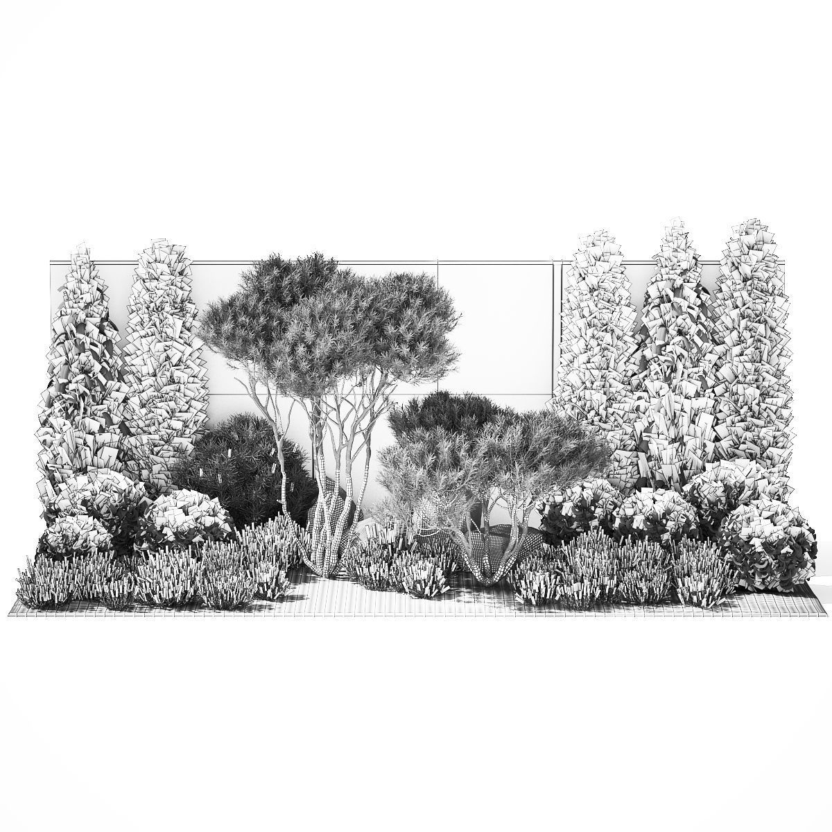 Garden with thuja trees and pine topiary lavender bushes 3D model_15