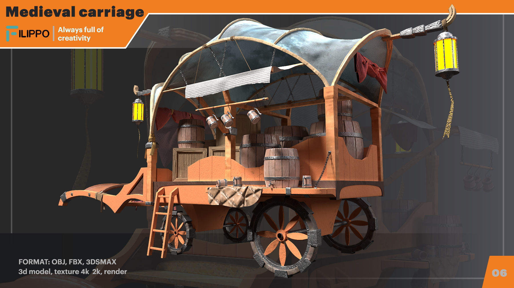 Medieval Carriage Low-poly 3D model_3