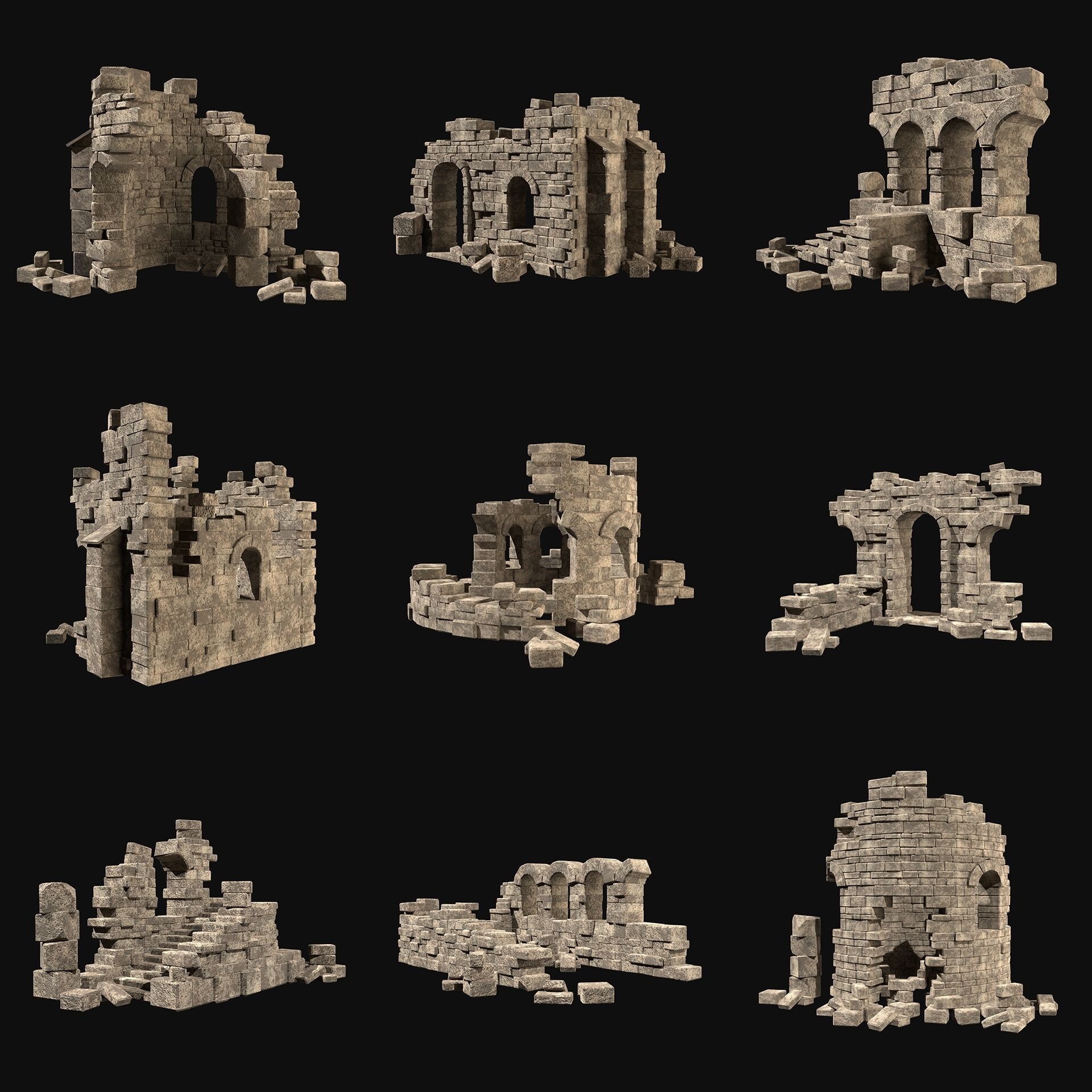 MEDIEVAL ANCIENT CASTLE RUIN RUINS WALLS TOWER WALL COLLECTION Low-poly 3D model_46