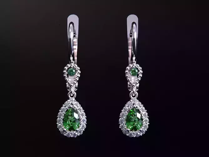 Pear Emerald Leverback Drop Earrings with Diamond 3D print model