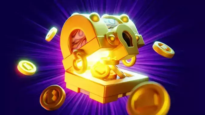 Stylized Glowing Treasure Chest with Flying Gold Coins