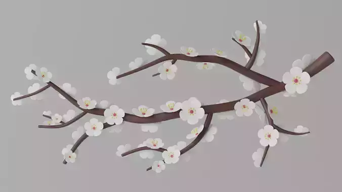 Cartoon Sakura Tree Branch with Flowers