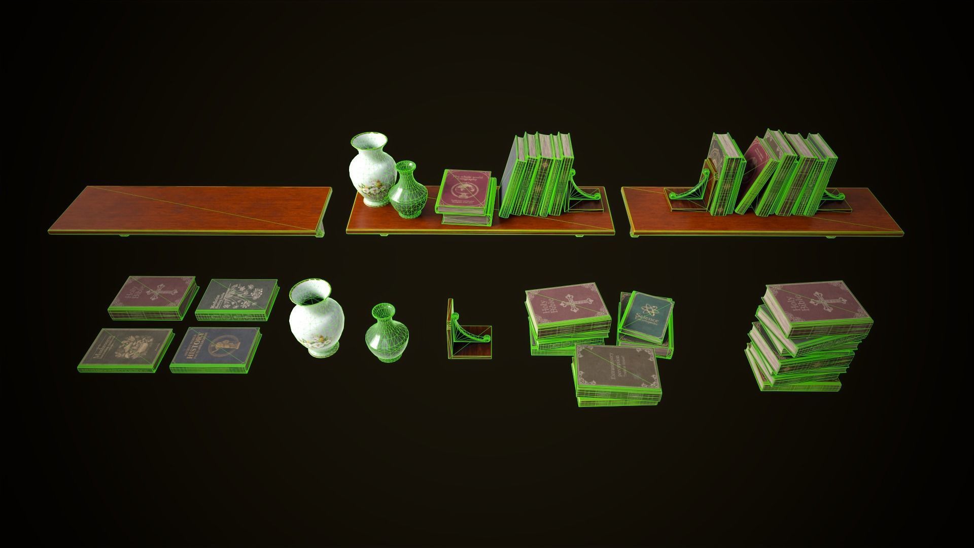 Vintage shelf with books Low-poly 3D model_6