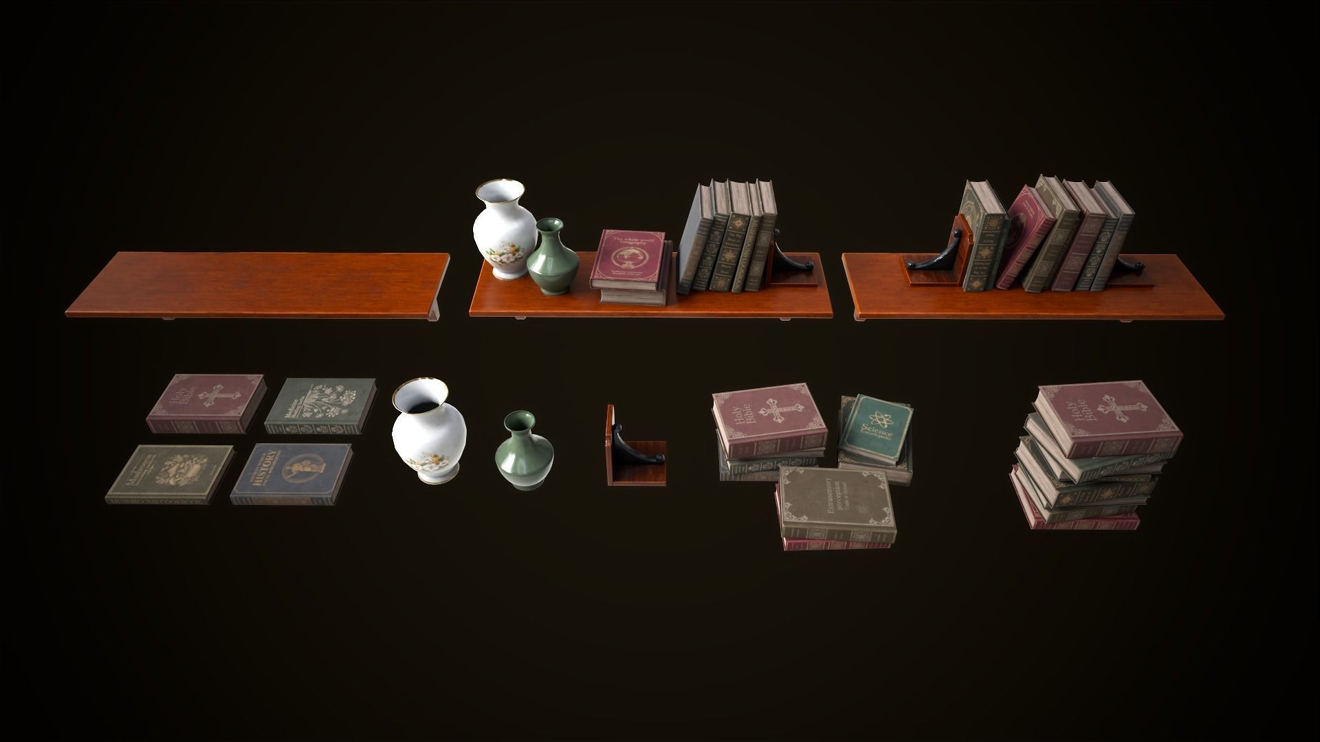 Vintage shelf with books Low-poly 3D model_5