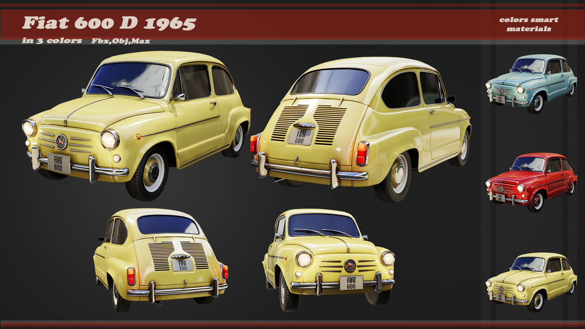 Fiat 600D 1965 3D Model Low-poly 3D model_1