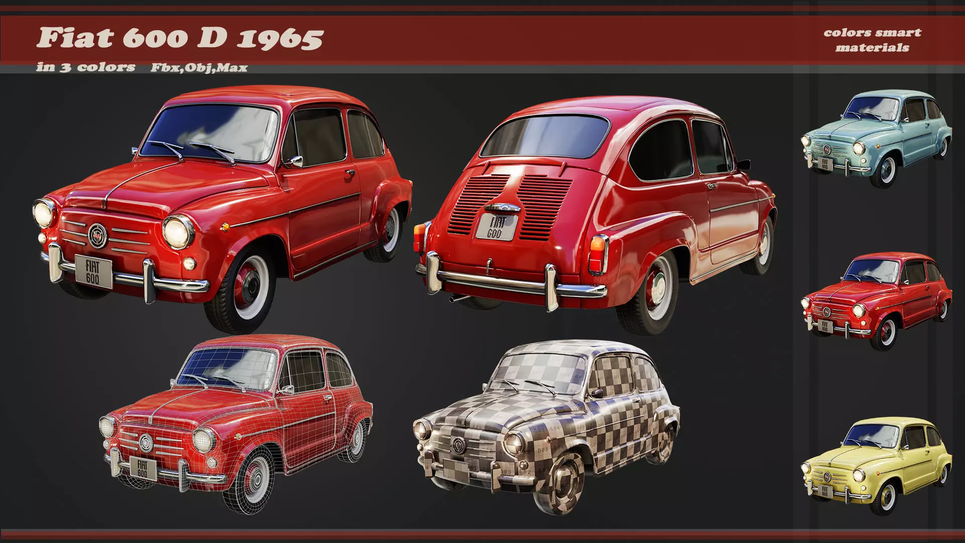 Fiat 600D 1965 3D Model Low-poly 3D model_0