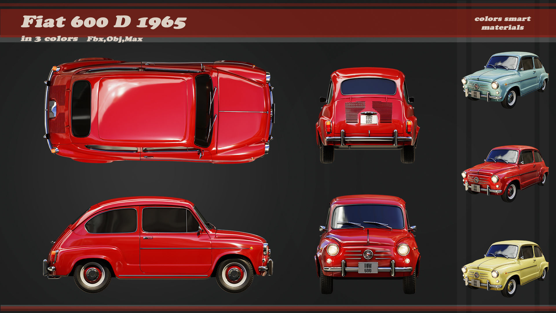 Fiat 600D 1965 3D Model Low-poly 3D model_3