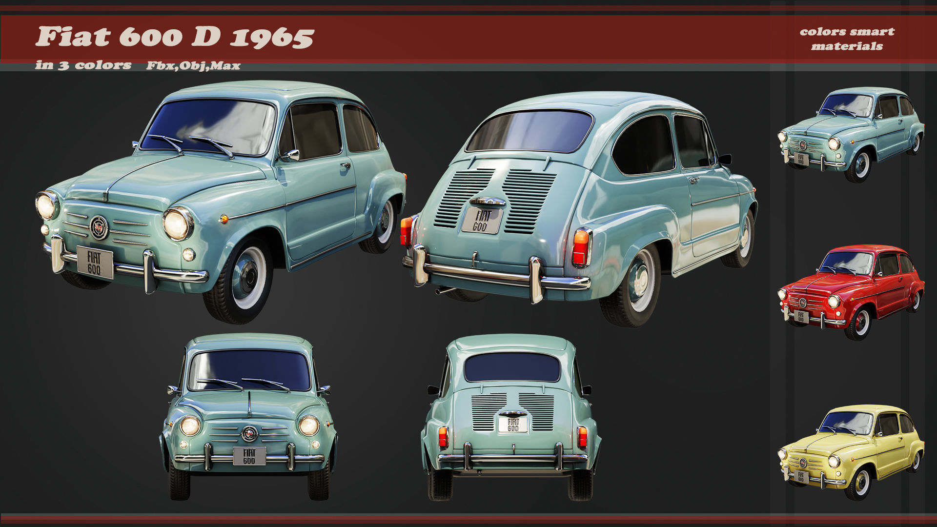 Fiat 600D 1965 3D Model Low-poly 3D model_2