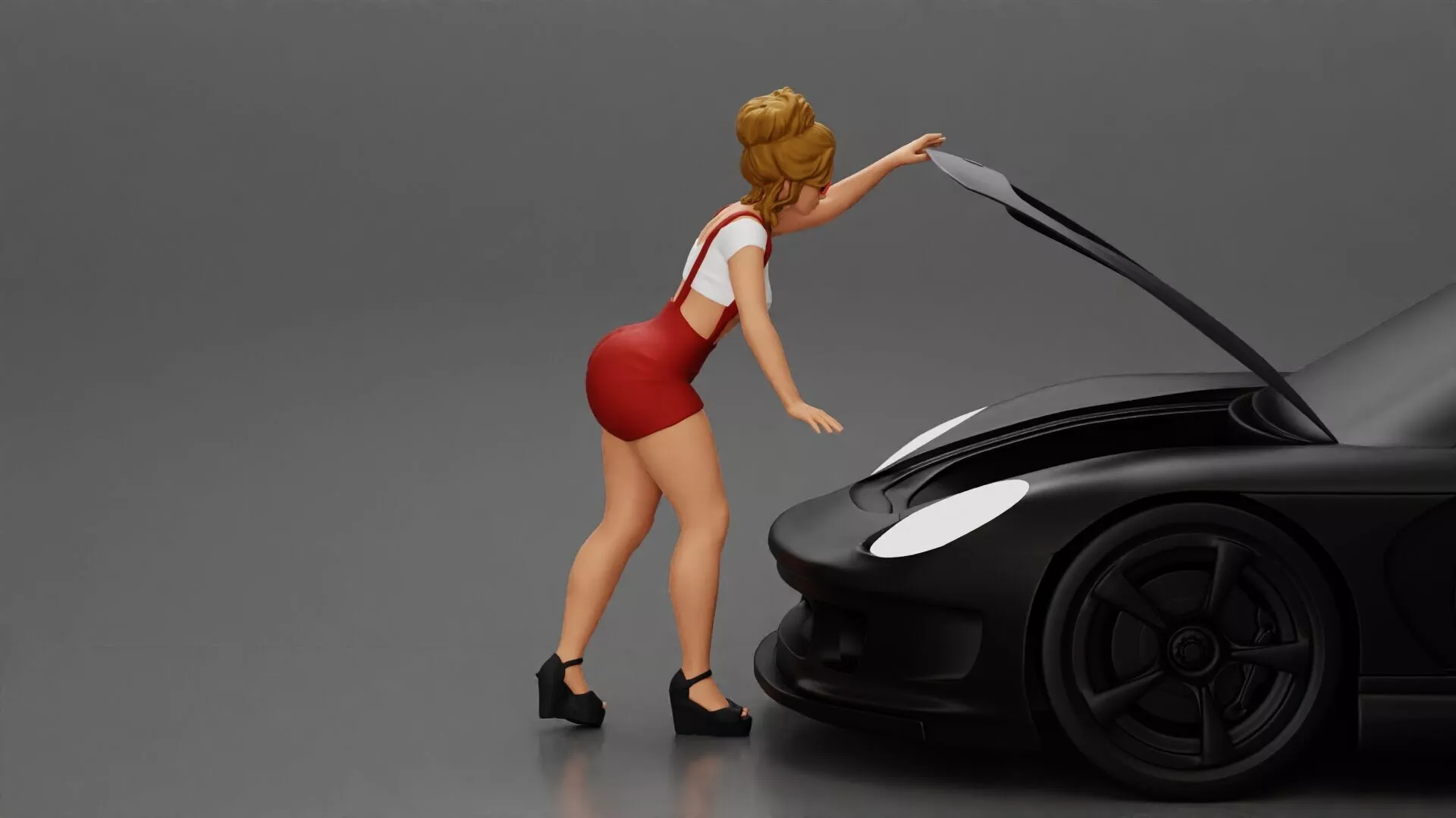 2 Girl in sunglasses opening a car hood and look inside 3D print model