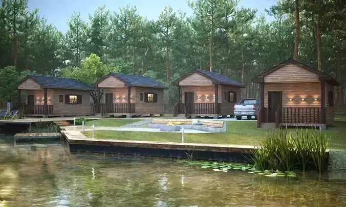 River cabins in forest environment 3d model