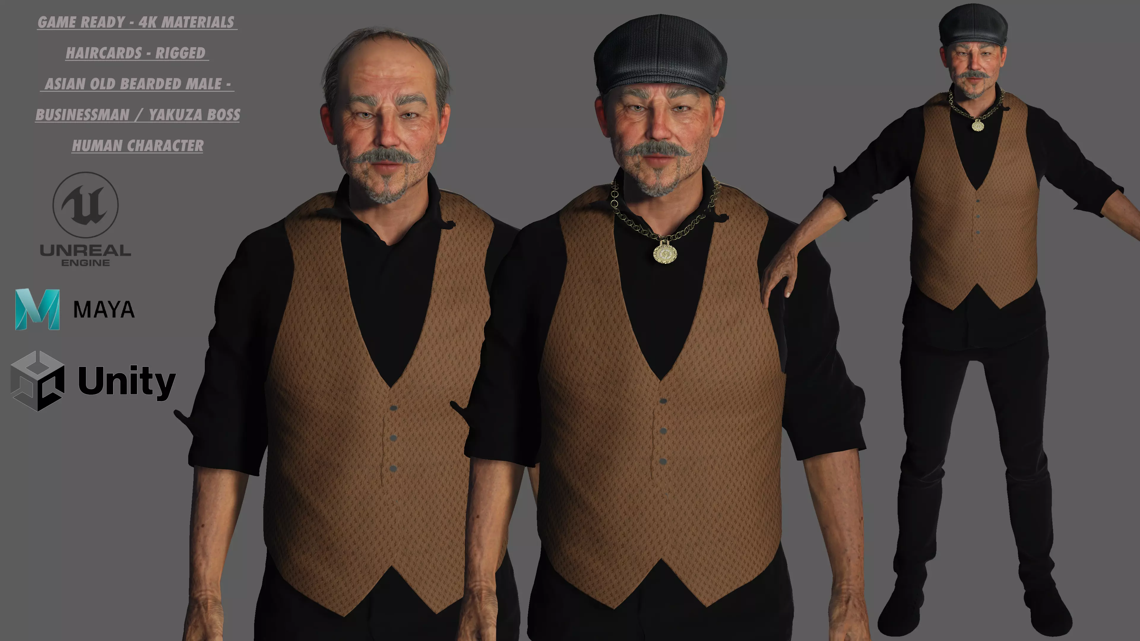 AAA 3D ASIAN OLD BEARDED BUSINESSMAN - REALISTIC GAME CHARACTER Low-poly 3D model_0