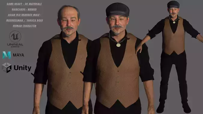 AAA 3D ASIAN OLD BEARDED BUSINESSMAN - REALISTIC GAME CHARACTER Low-poly 3D model