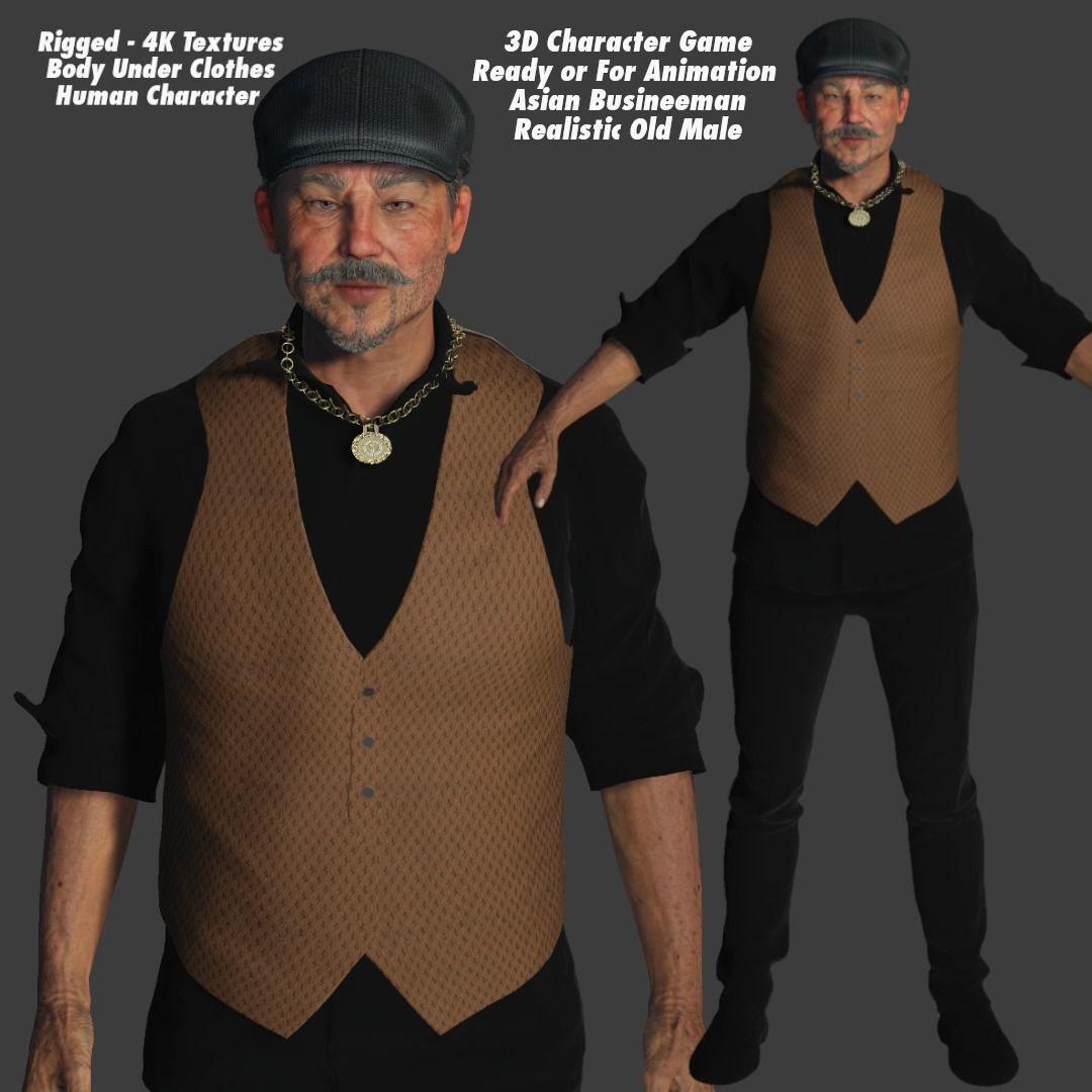 AAA 3D ASIAN OLD BEARDED BUSINESSMAN - REALISTIC GAME CHARACTER Low-poly 3D model_1