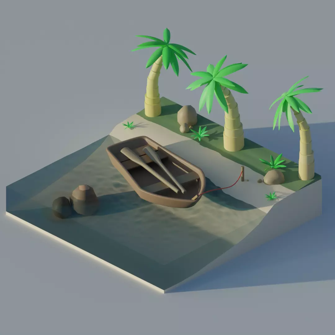 island and boat with palm trees 3D model_0