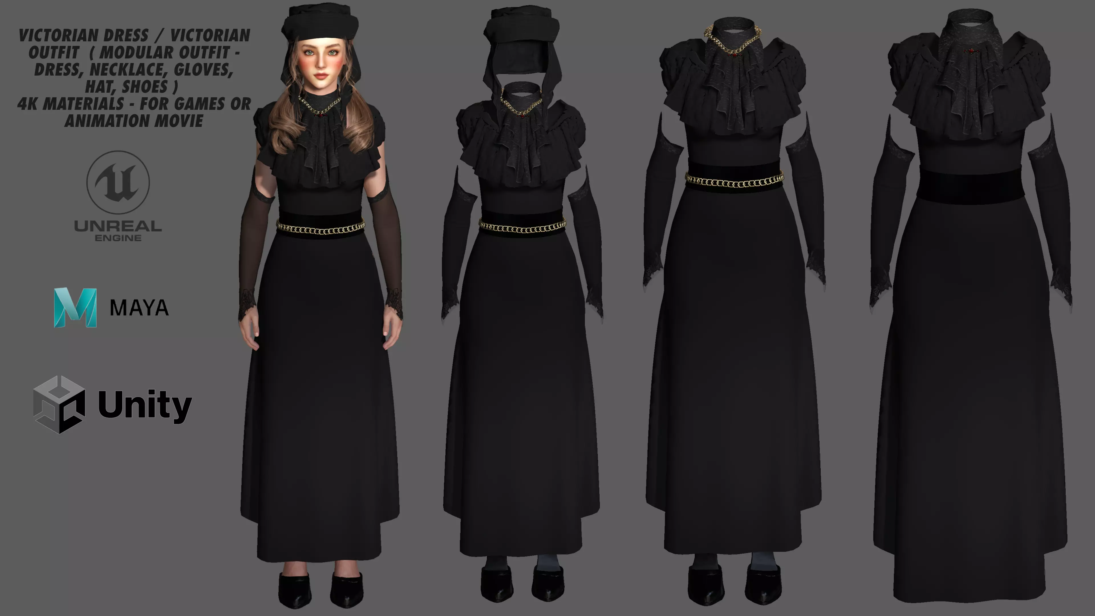 3D MODEL VICTORIAN OUTFIT FEMALE MODULAR -for GAMES or ANIMATION Low-poly 3D model_0