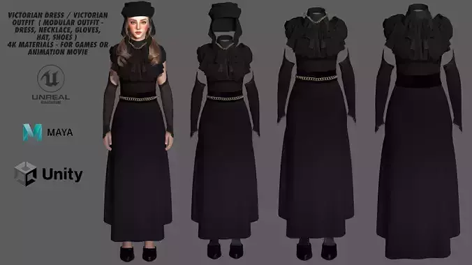 3D MODEL VICTORIAN OUTFIT FEMALE MODULAR -for GAMES or ANIMATION Low-poly 3D model