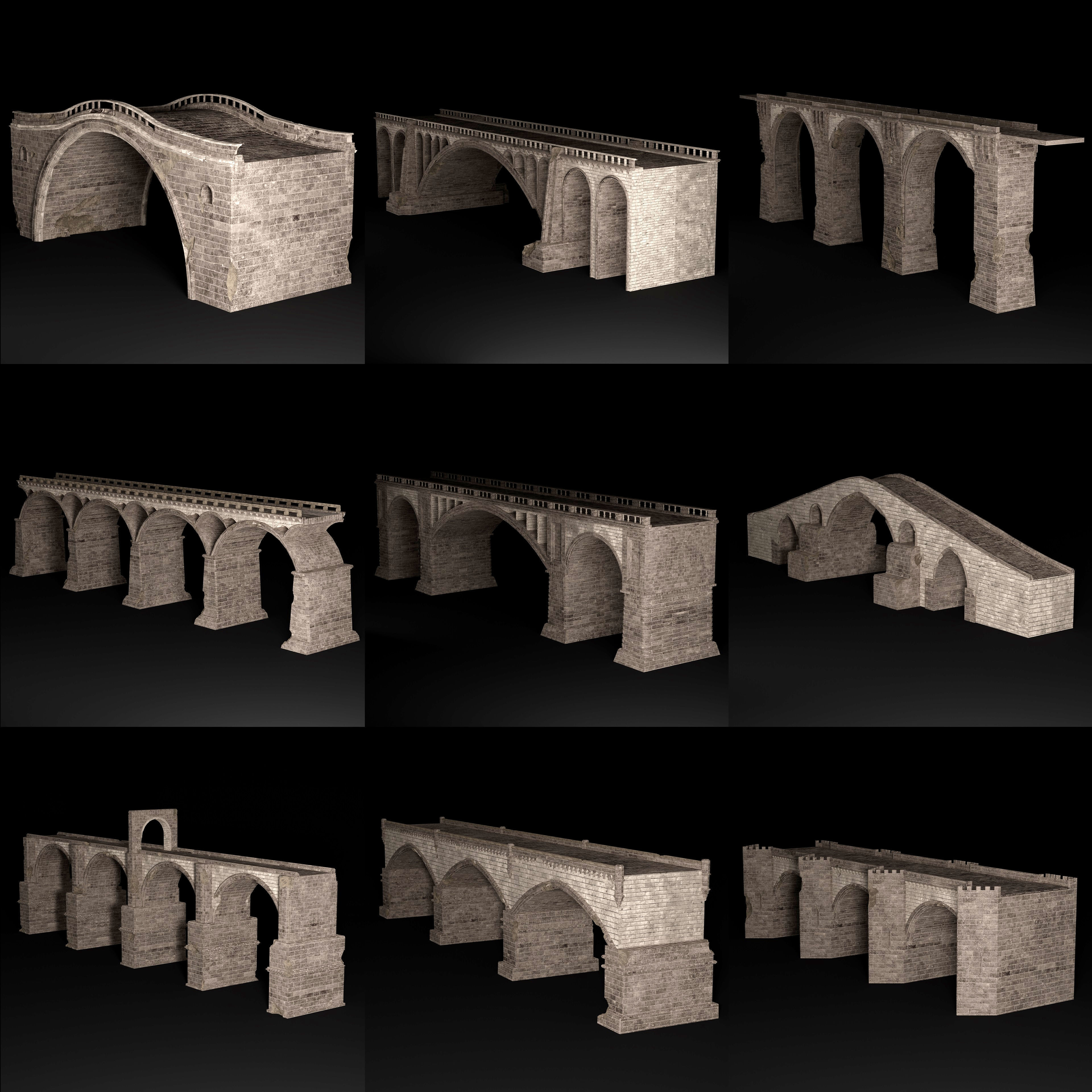 BRIDGE ROMAN GREEK ANCIENT ROAD RAIL TRACK OLD STONE COLLECTION Low-poly 3D model_30