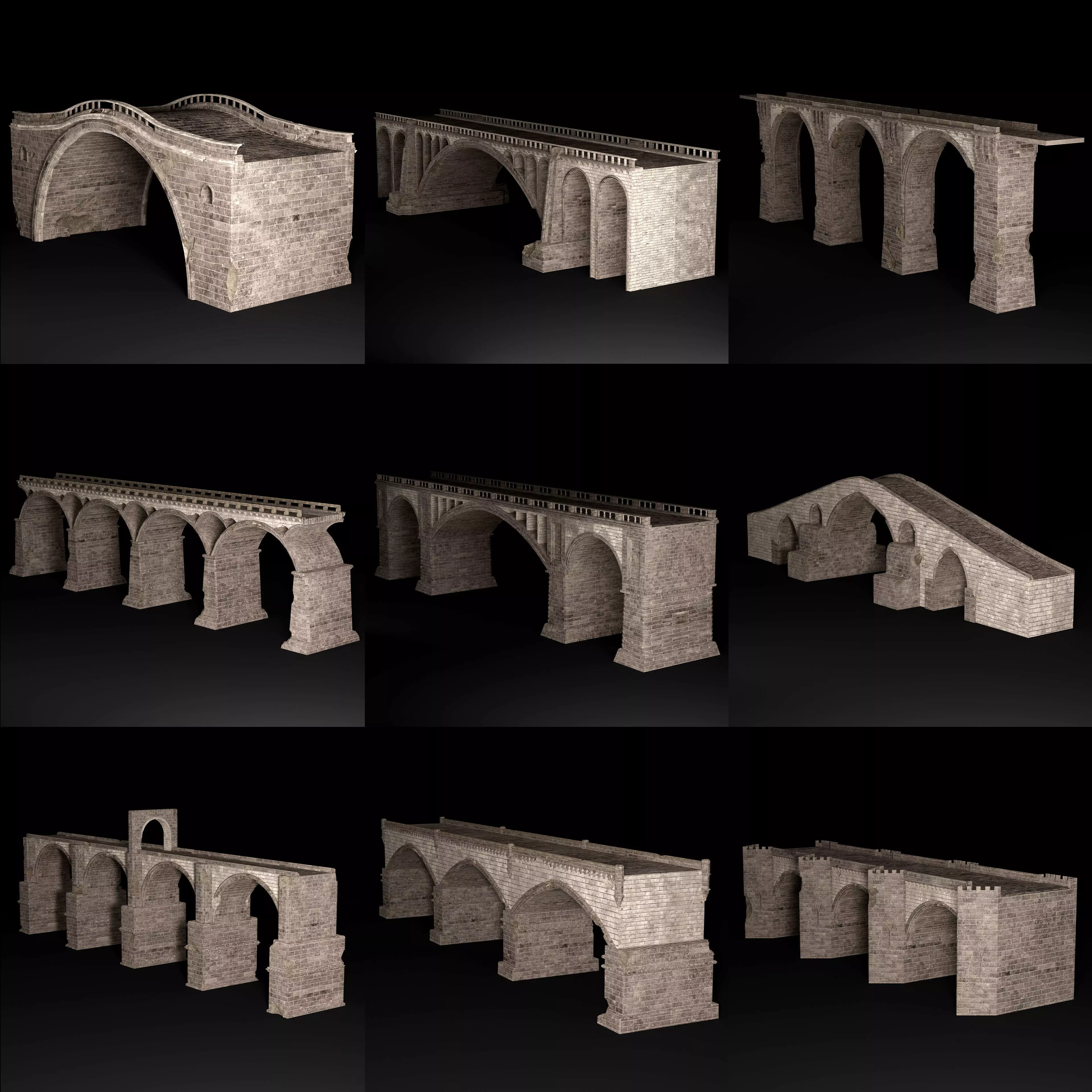 BRIDGE ROMAN GREEK ANCIENT ROAD RAIL TRACK OLD STONE COLLECTION Low-poly 3D model_0