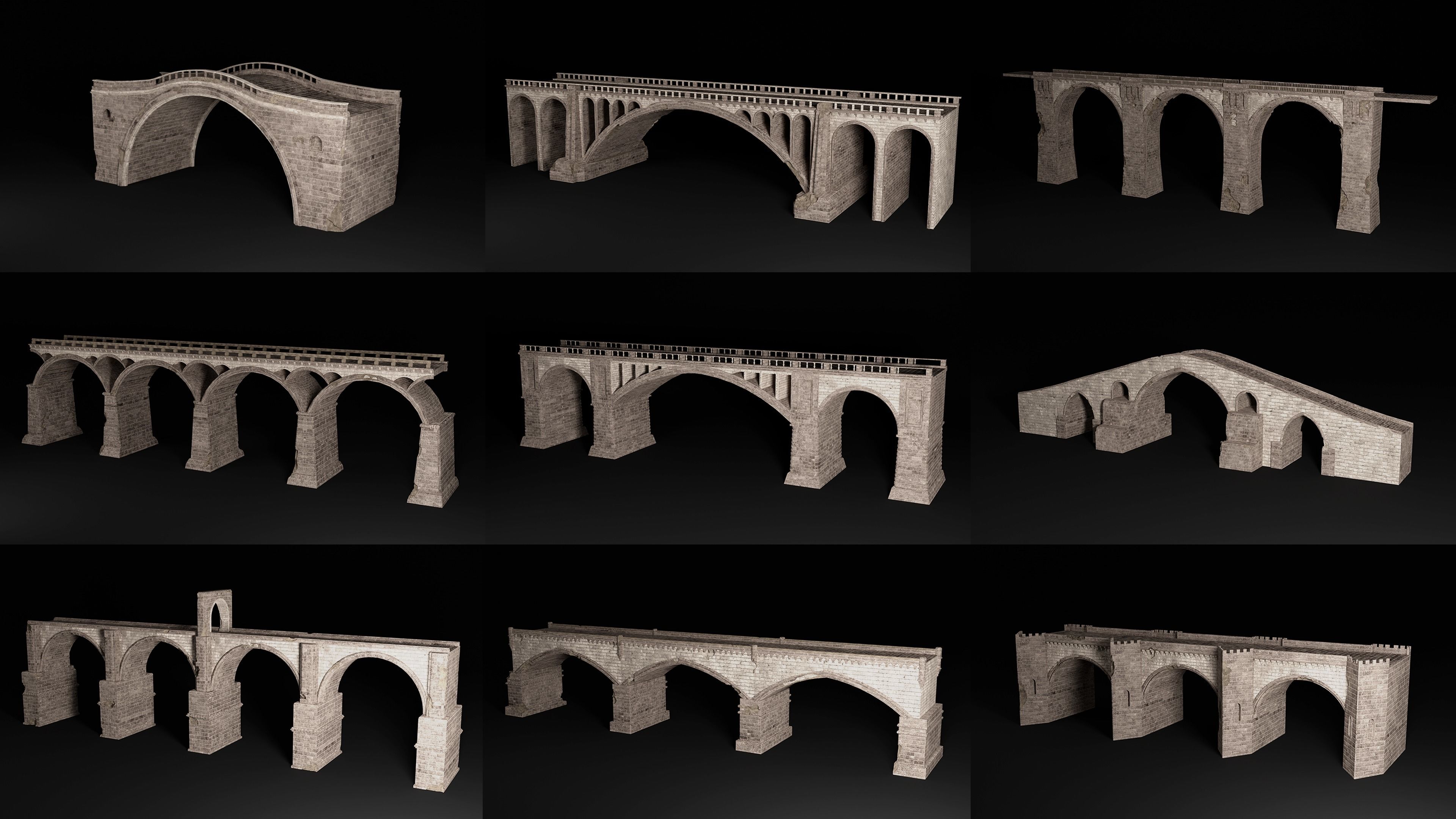 BRIDGE ROMAN GREEK ANCIENT ROAD RAIL TRACK OLD STONE COLLECTION Low-poly 3D model_29