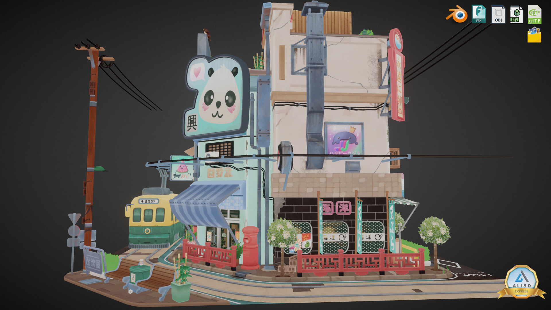 Stylized Japanese Street Corner - Texture Baked Low-poly 3D model_11