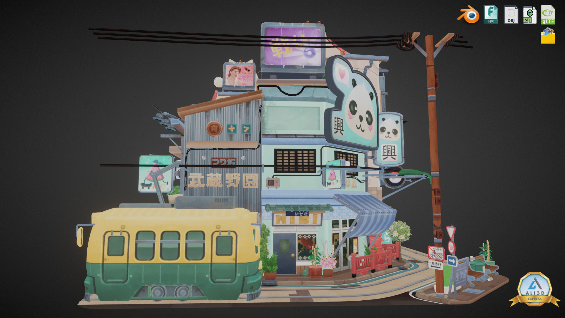 Stylized Japanese Street Corner - Texture Baked Low-poly 3D model_10