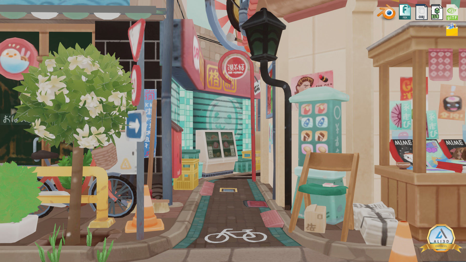 Stylized Japanese Street Corner - Texture Baked Low-poly 3D model_16