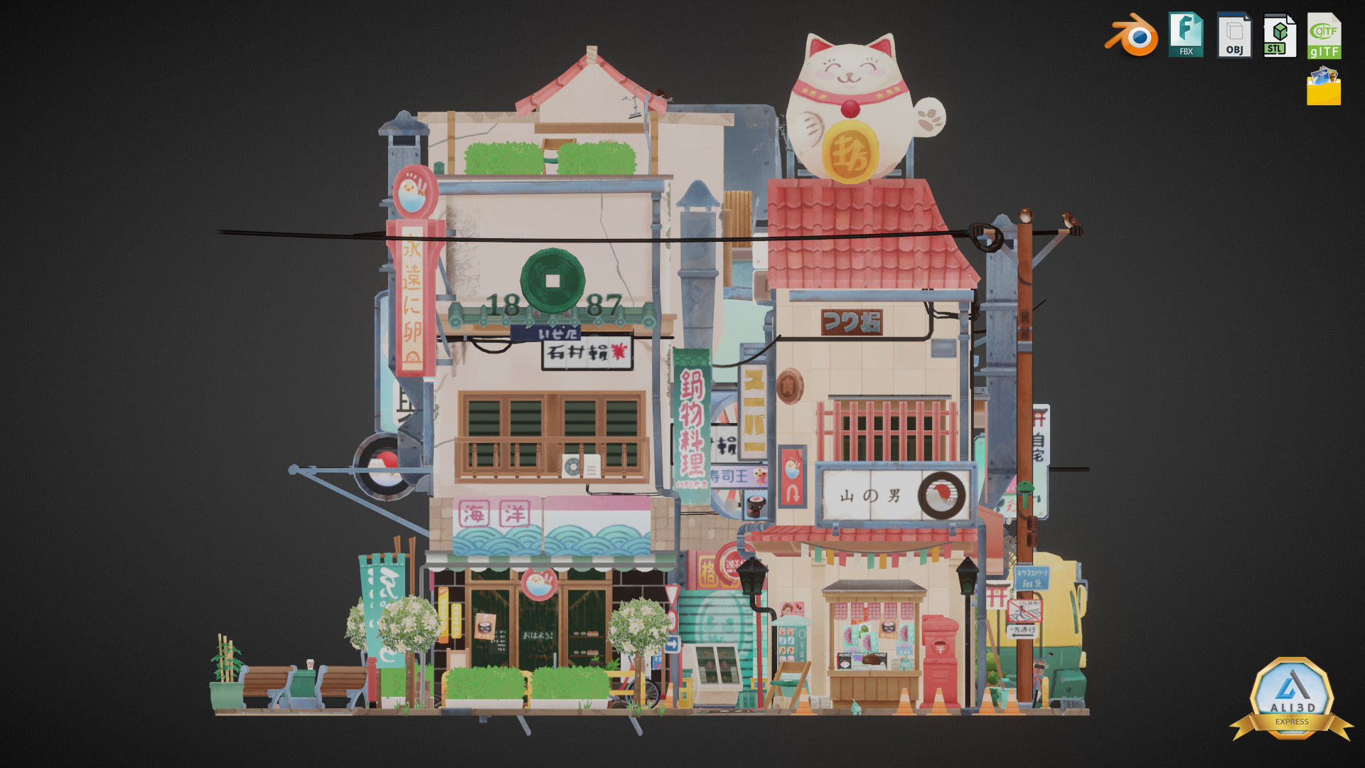 Stylized Japanese Street Corner - Texture Baked Low-poly 3D model_9