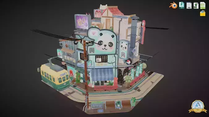 Stylized Japanese Street Corner - Texture Baked Low-poly 3D model