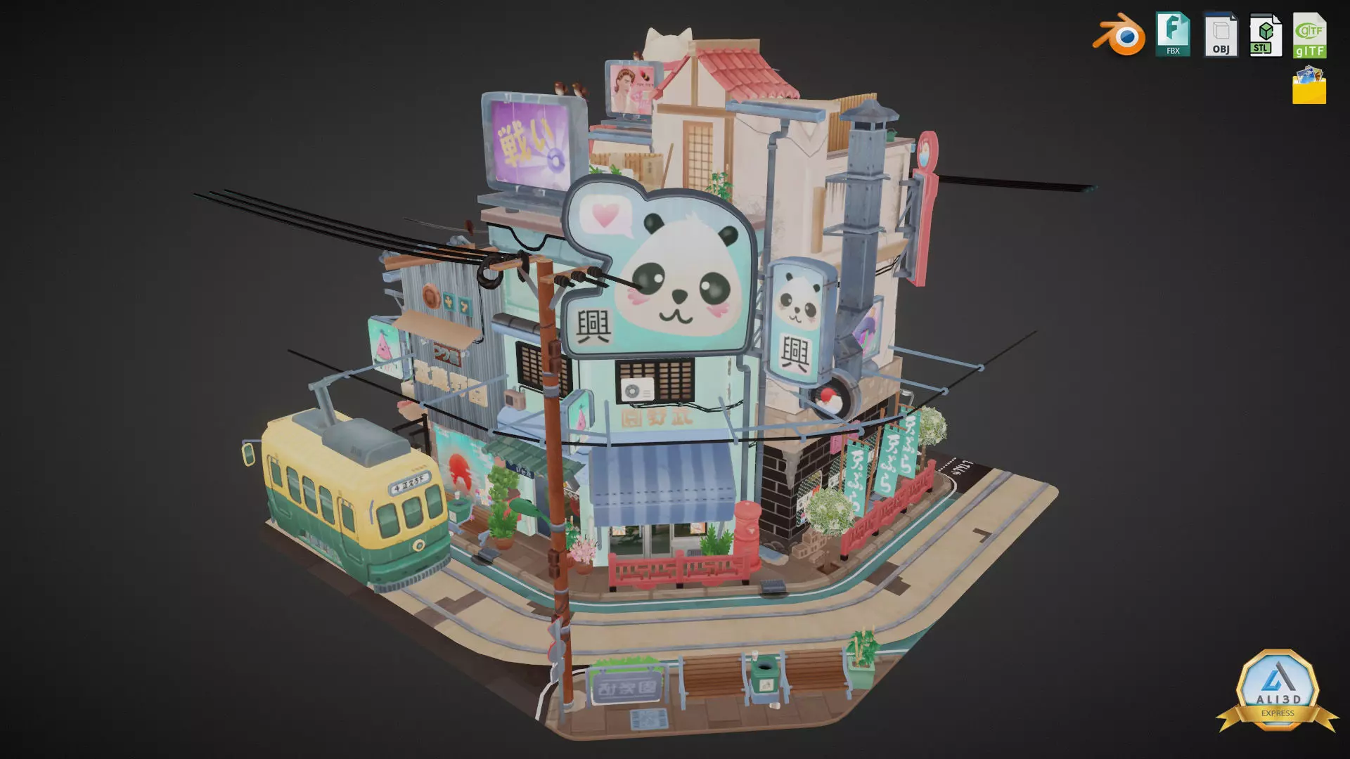Stylized Japanese Street Corner - Texture Baked Low-poly 3D model_0