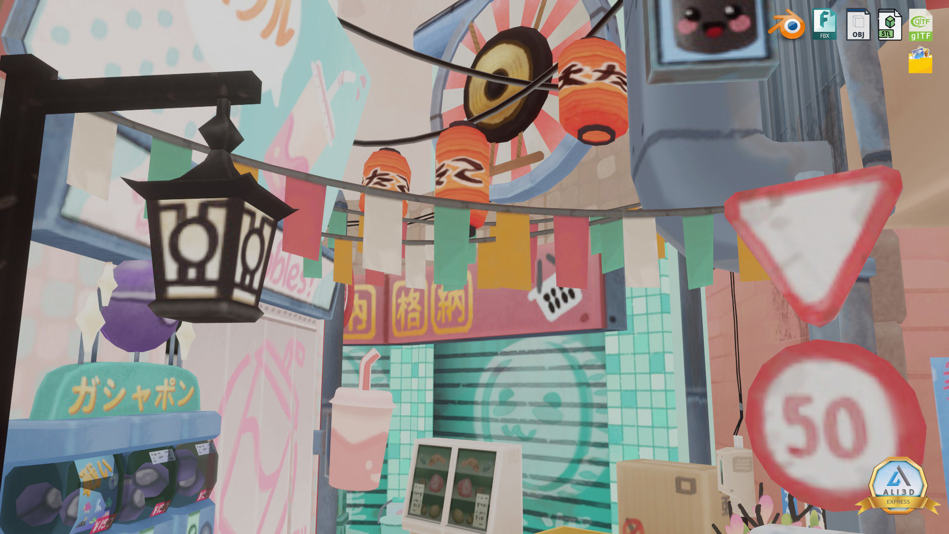 Stylized Japanese Street Corner - Texture Baked Low-poly 3D model_5