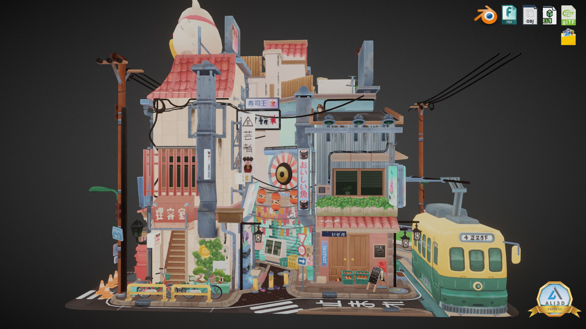 Stylized Japanese Street Corner - Texture Baked Low-poly 3D model_4