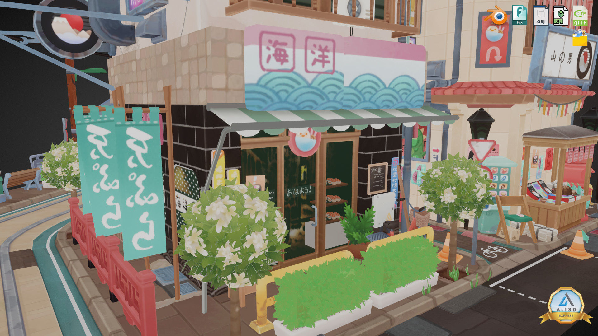 Stylized Japanese Street Corner - Texture Baked Low-poly 3D model_8