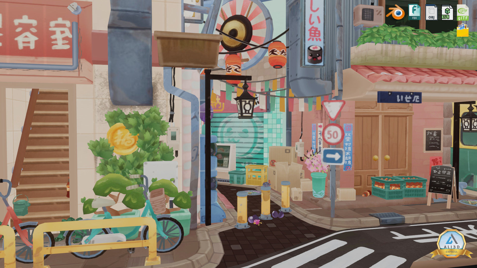 Stylized Japanese Street Corner - Texture Baked Low-poly 3D model_3