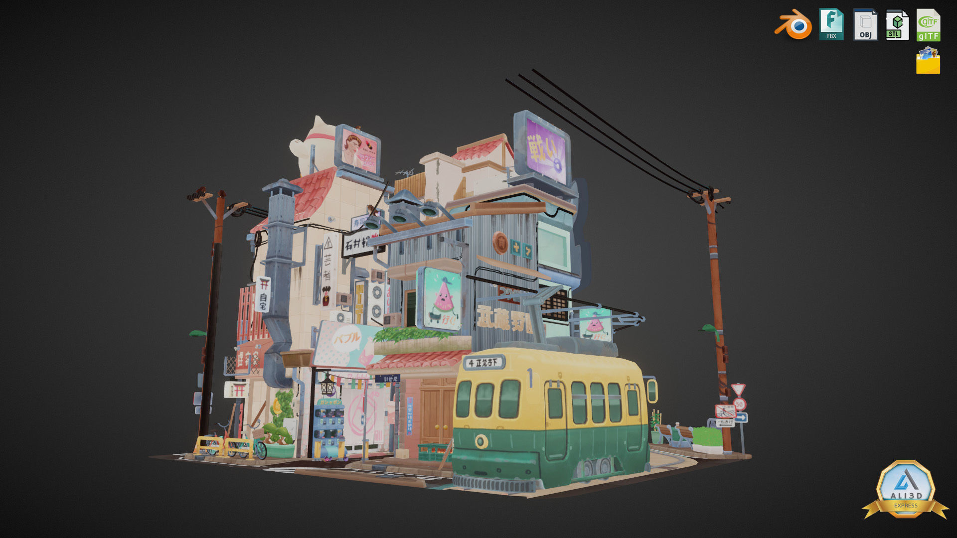 Stylized Japanese Street Corner - Texture Baked Low-poly 3D model_14