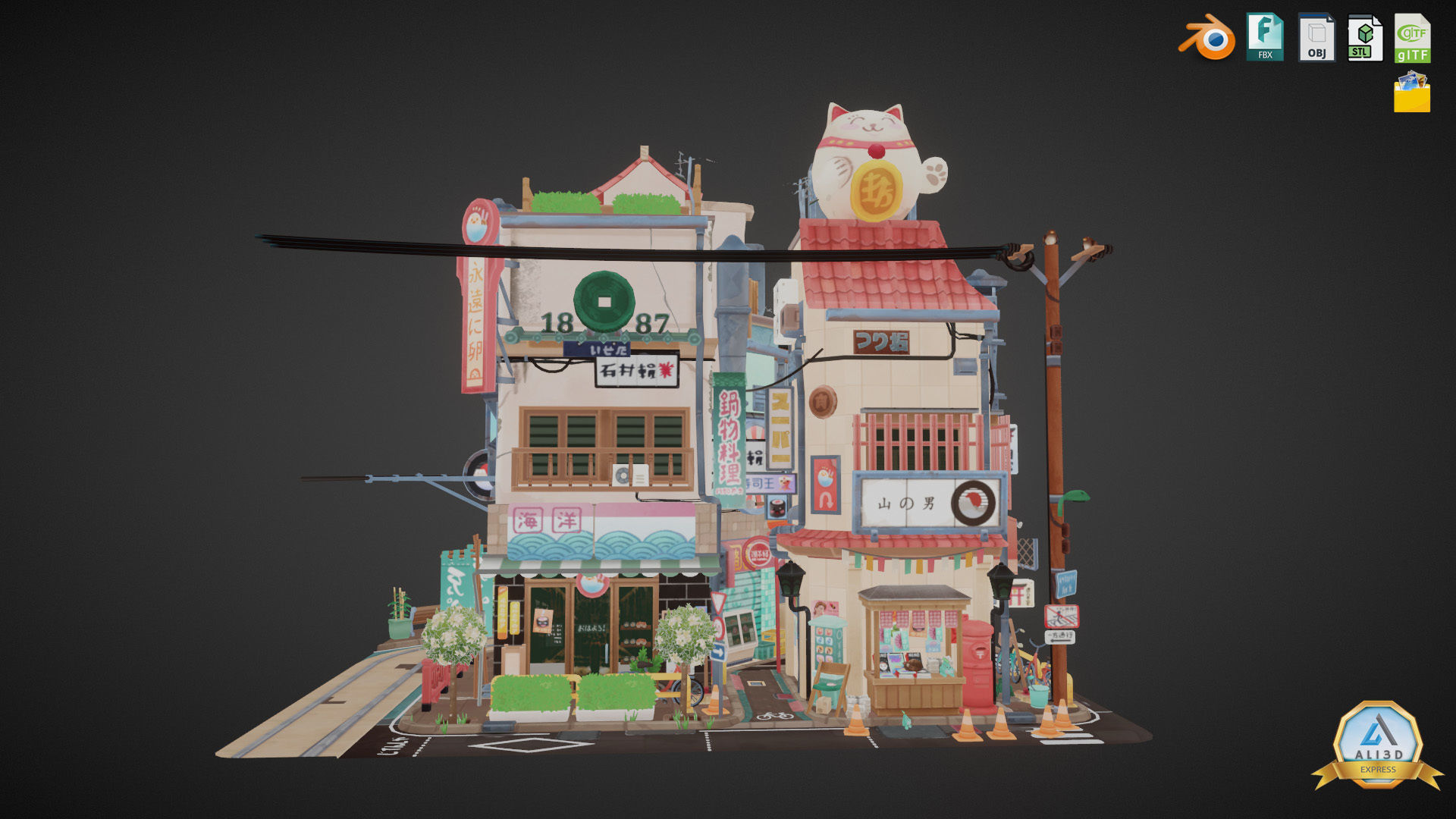 Stylized Japanese Street Corner - Texture Baked Low-poly 3D model_12