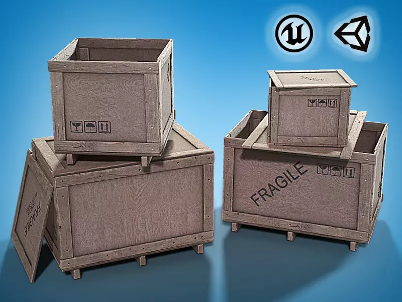 Plywood crates with cover lids - 3D VR  AR  game ready  Low-poly 3D model_0