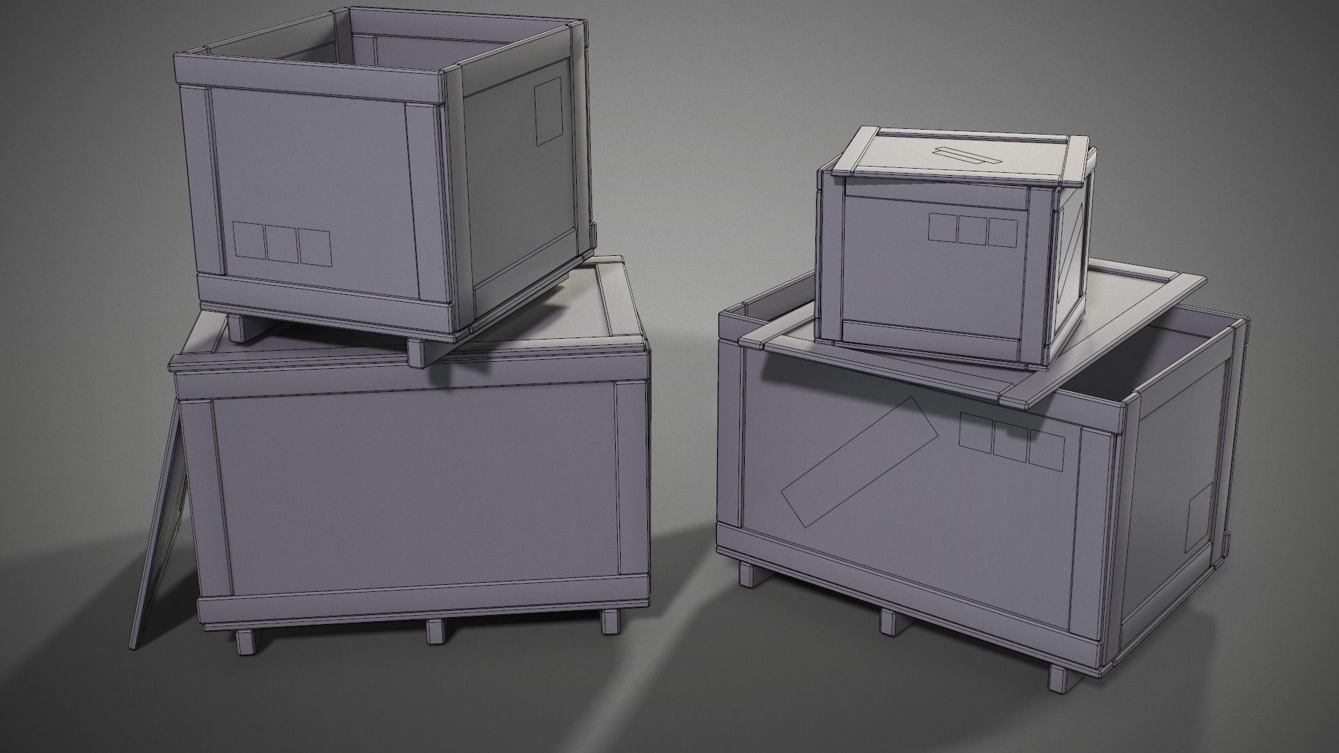 Plywood crates with cover lids - 3D VR  AR  game ready  Low-poly 3D model_33