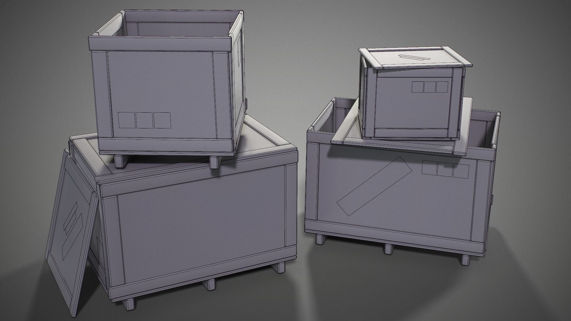 Plywood crates with cover lids - 3D VR  AR  game ready  Low-poly 3D model_3
