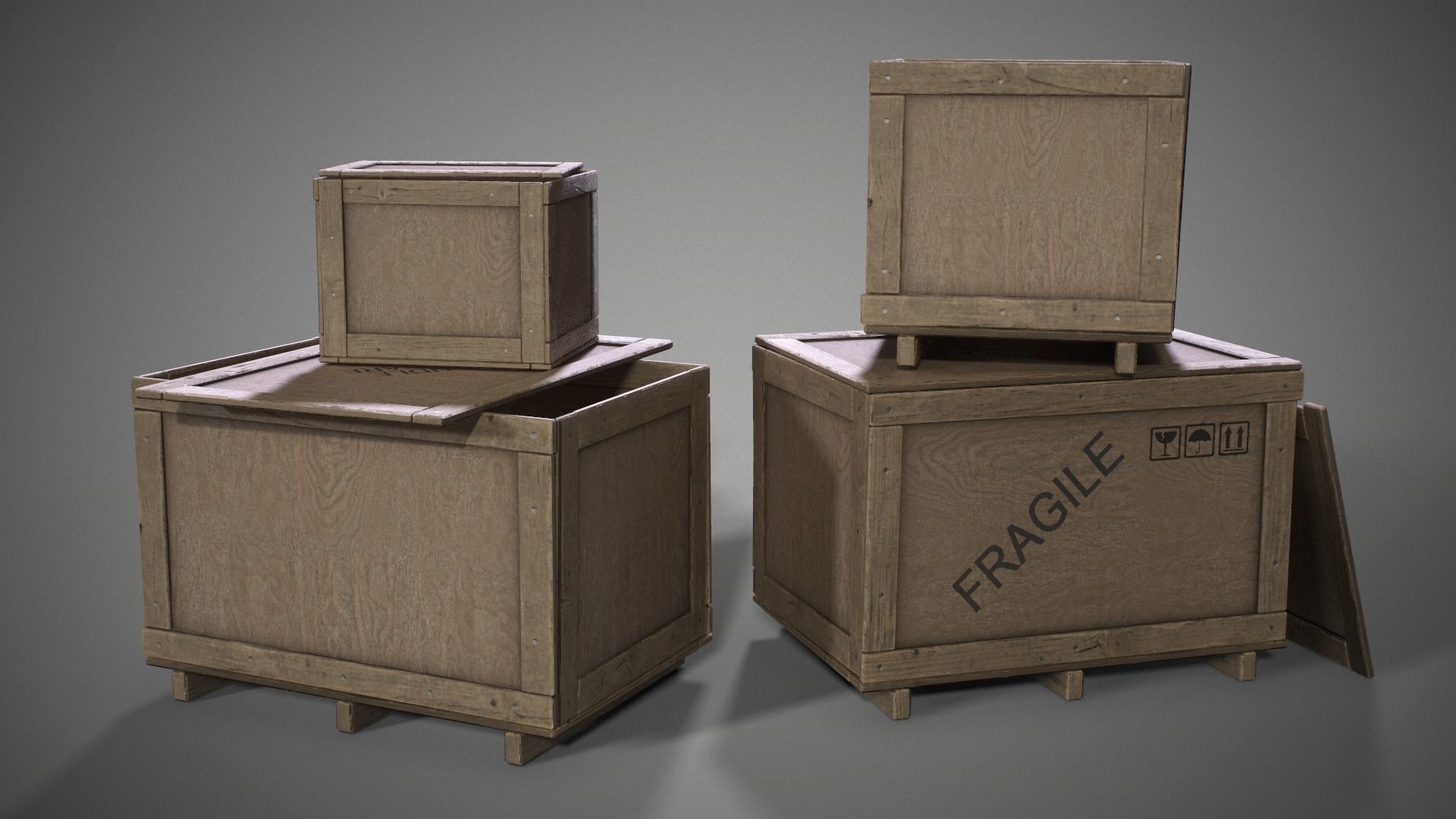 Plywood crates with cover lids - 3D VR  AR  game ready  Low-poly 3D model_11