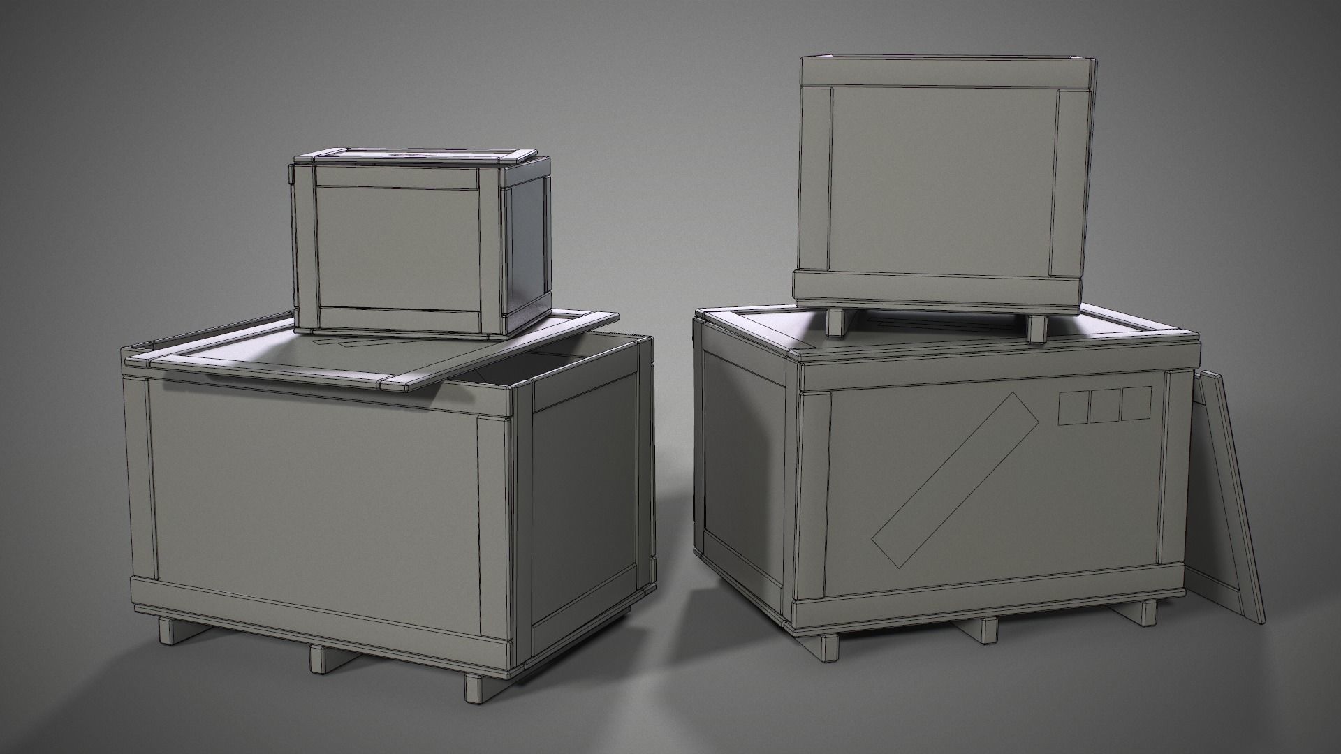 Plywood crates with cover lids - 3D VR  AR  game ready  Low-poly 3D model_12